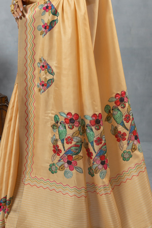 A detailed close-up of the pallu of the Vanya Sarees saree, highlighting the intricate, multi-color hand-embroidery of birds and flowers.