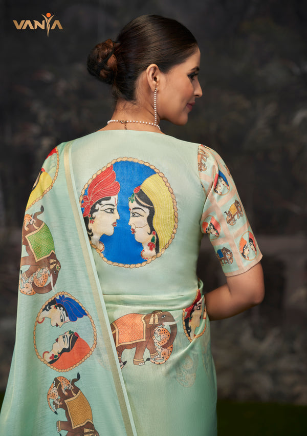 The stunning statement back of the designer blouse from Vanya Sarees, featuring a magnificent Pichwai-style mural of Radha and Krishna.
