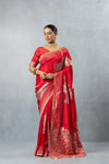 Vanya Red Saree draped elegantly, showing the full design from the front, including the pallu and pleats.