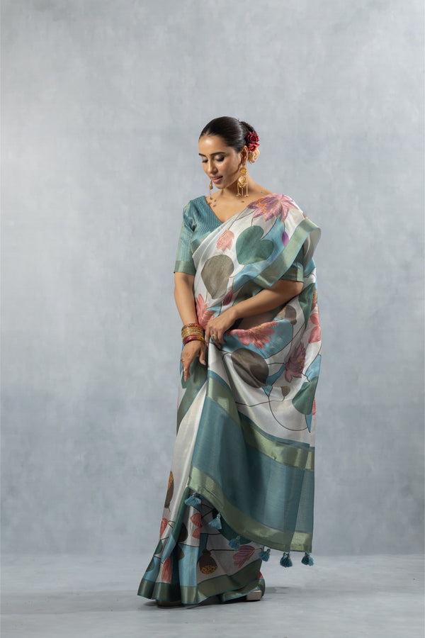 Vanya modern saree draped in a flattering side pose, highlighting the fluidity of the linen-silk blend and the blouse fit.
