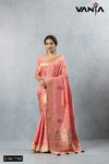 Vanya full-length front view of the Coral Glow Peach Art Silk Saree (7162) showcasing the gold zari weave and deep maroon tassels.