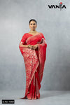 Full-length studio shot of the Vanya Red Silk Blend Saree, showcasing the overall drape and fit.