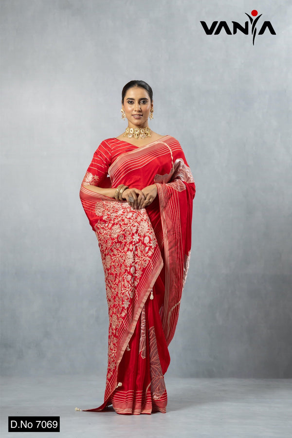Full-length studio shot of the Vanya Red Silk Blend Saree, showcasing the overall drape and fit.