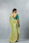 A full back view of the model in the Vanya Sarees ensemble, displaying the drape of the tissue silk pallu and the deep V-back of the blouse.