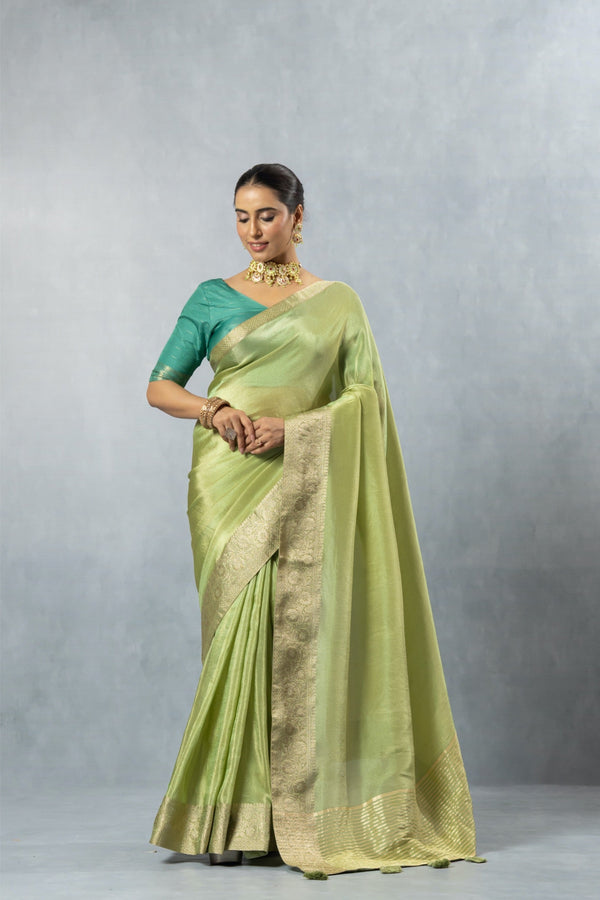 An elegant pose of the model in the Vanya Sarees pistachio green tissue silk saree, perfect for a wedding or reception look.