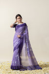 Model in a graceful pose in the Vanya Sarees lavender lotus print saree, perfect for a festive or cocktail event.