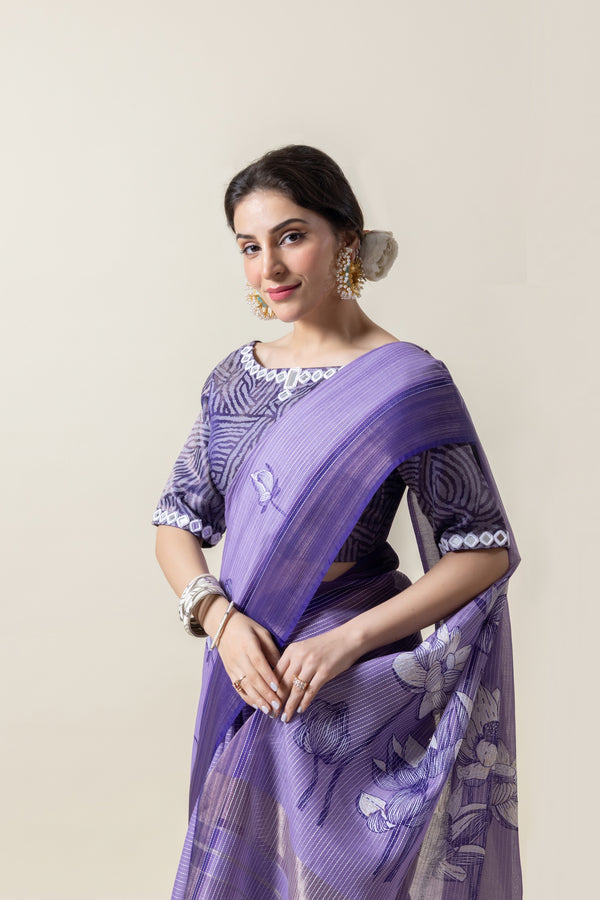 A close-up of the model in a Vanya Sarees lavender saree, highlighting the designer blouse with its unique mirror work neckline.