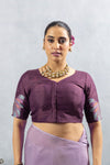 A clear front view of the Vanya Sarees readymade designer blouse in maroon, showing the V-neck and butterfly embroidered sleeves.