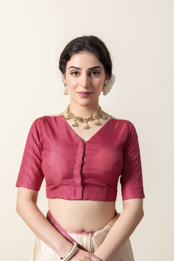 A clear front view of the Vanya Sarees readymade designer blouse in maroon, showing the V-neck and front button placket.