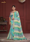 A full-length view of the model in Vanya Sarees' chic multi-color striped georgette saree with a Kalamkari print blouse.