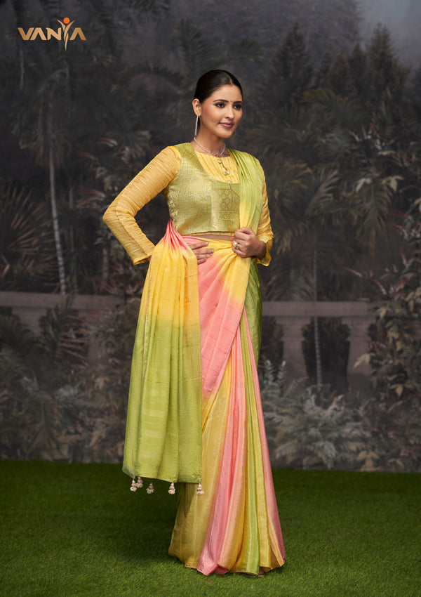 An elegant standing pose of the model showcasing the complete designer look of the Vanya Sarees tricolor ombre saree.