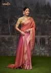 An elegant standing pose of the model showcasing the complete designer look of the Vanya Sarees ombre saree and collared floral blouse.