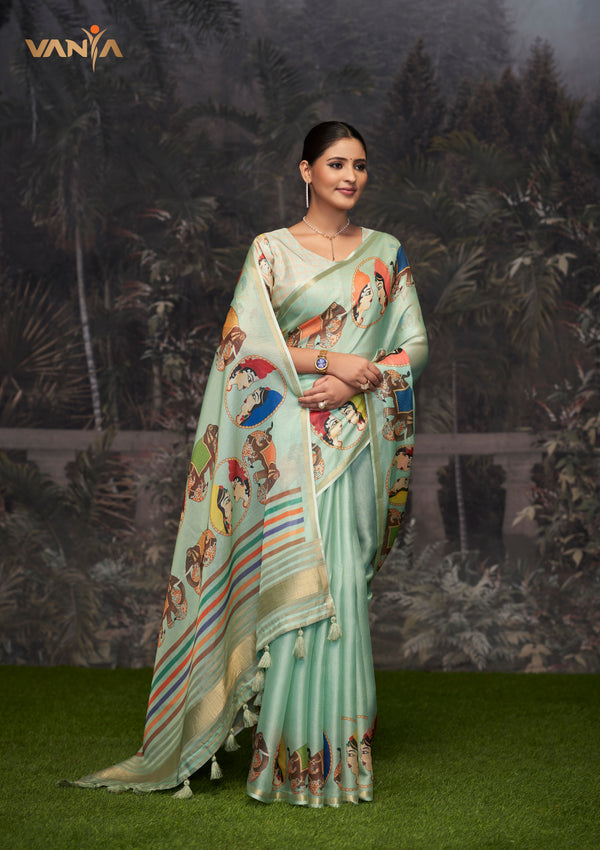 An elegant standing pose of the model showcasing the complete designer look of the Vanya Sarees green Pichwai print Tussar silk saree.