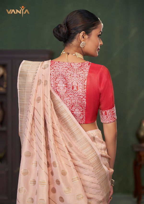The elegant back view of the Vanya Sarees ensemble, showing the red designer blouse with its brocade panel against the pink Banarasi saree.