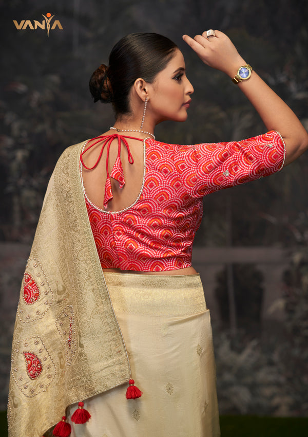 The stylish designer back of the red printed blouse from Vanya Sarees, featuring a dori tie-up and tassel, paired with the Banarasi saree.