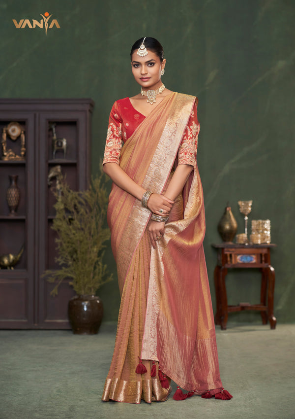 An elegant standing pose of the model showcasing the complete designer look of the Vanya Sarees rose gold saree and red embroidered blouse.