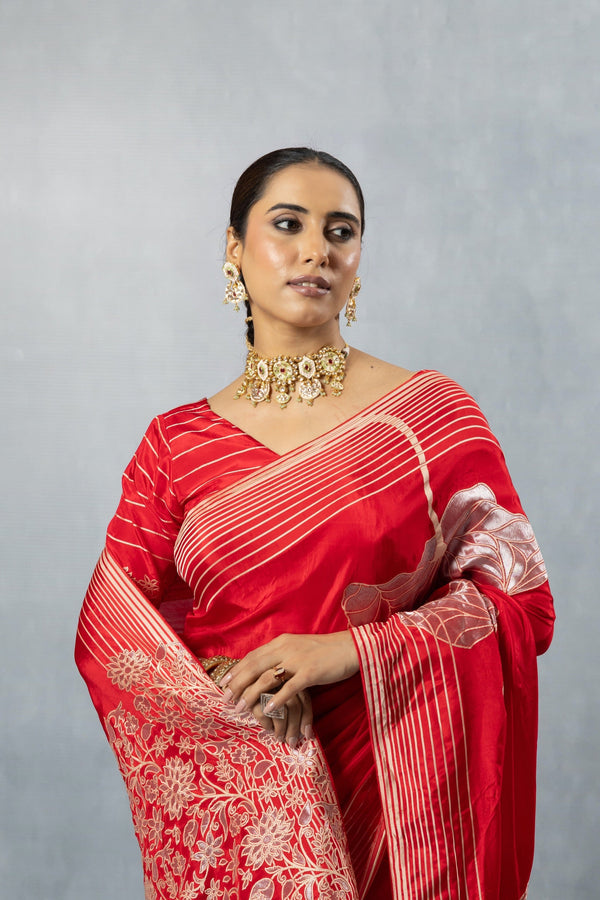 Upper body close-up of Vanya Red Saree, focusing on the striped pallu near the shoulder and the embroidered blouse sleeve.