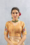 A clear front view of the Vanya Sarees readymade designer blouse, showing the wavy printed front and embroidered sleeves.