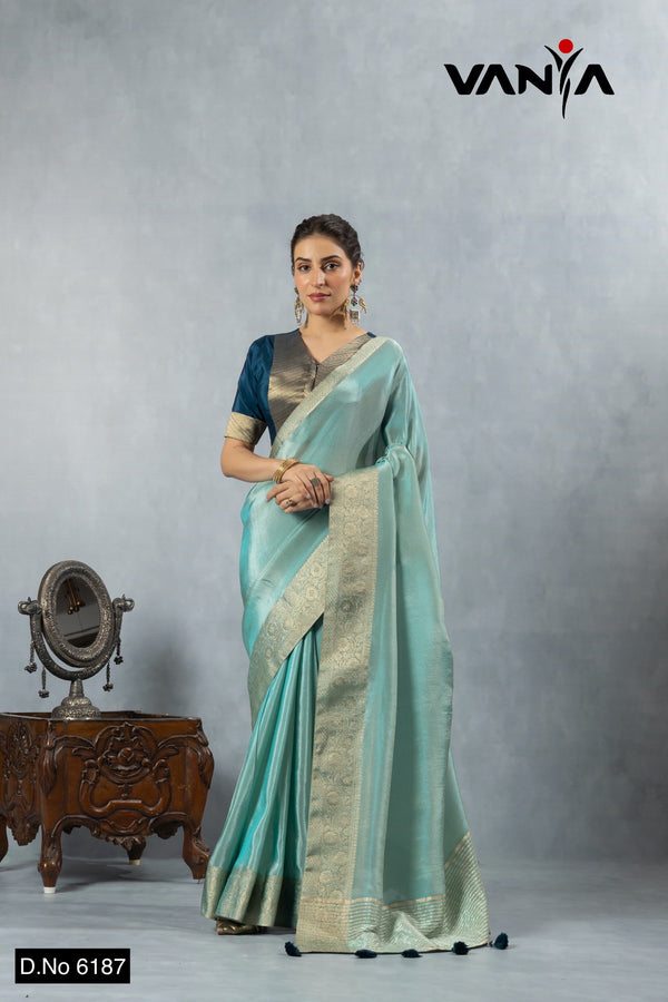 A full-length view of the model in Vanya Sarees' elegant aqua blue tissue silk saree with a designer embroidered blouse.