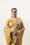 A close-up of the model in Vanya Sarees' mustard gold Banarasi saree, showing the intricately embroidered V-neck of the designer blouse.