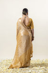 A full back view of the model in the Vanya Sarees ensemble, displaying the rich drape of the Banarasi silk pallu and the deep V-back of the blouse.
