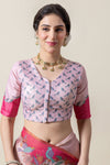 A clear front view of the Vanya Sarees readymade designer blouse, showing the all-over small bird print and V-neck.
