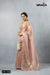 An elegant side view of the model in Vanya Sarees' blush pink shimmer tissue silk saree with its designer embroidered blouse.