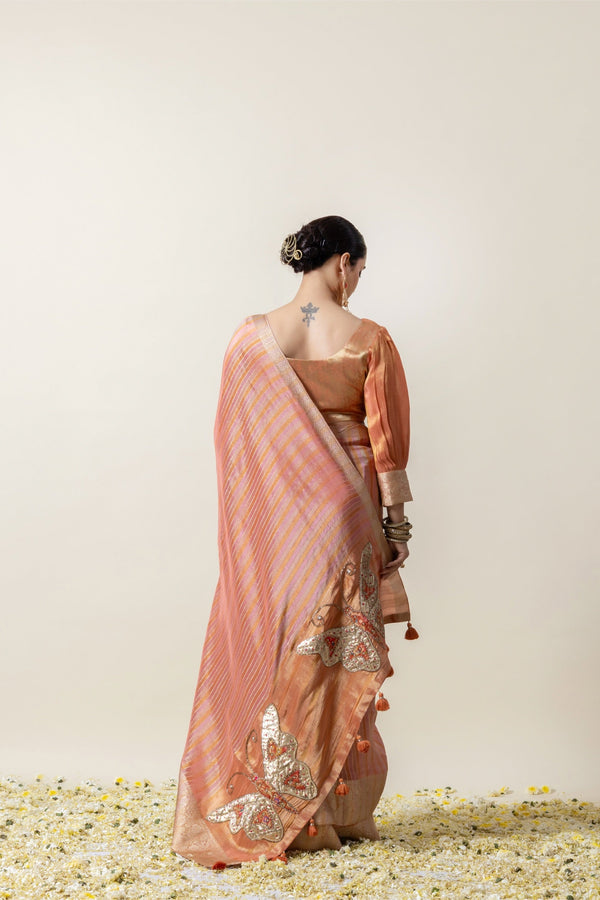 A full back view of the model, highlighting the drape of the Vanya Sarees tissue silk pallu with its stunning butterfly appliqué.