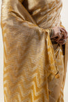 A detailed shot of the Vanya Sarees Banarasi silk saree, showcasing the modern chevron pattern woven with silver zari.