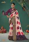 A full-length view of the model in Vanya Sarees' unique color block Banarasi silk saree with a Patola-inspired weave.