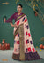A full-length view of the model in Vanya Sarees' unique color block Banarasi silk saree with a Patola-inspired weave.