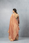 A full back view of the model in the Vanya Sarees ensemble, displaying the grand woven pallu and the deep V-back of the blouse.