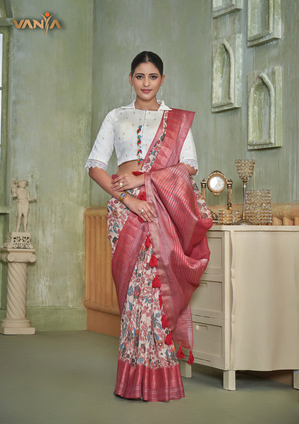 An elegant standing pose of the model showcasing the complete designer look of the Vanya Sarees floral print saree and embroidered collared blouse.