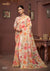 A full-length view of the model in Vanya Sarees' magnificent floral print organza saree with a heavy, multi-color embroidered cutwork border.