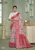 A full-length view of the model in Vanya Sarees' artistic floral print linen cotton saree with a designer collared blouse.