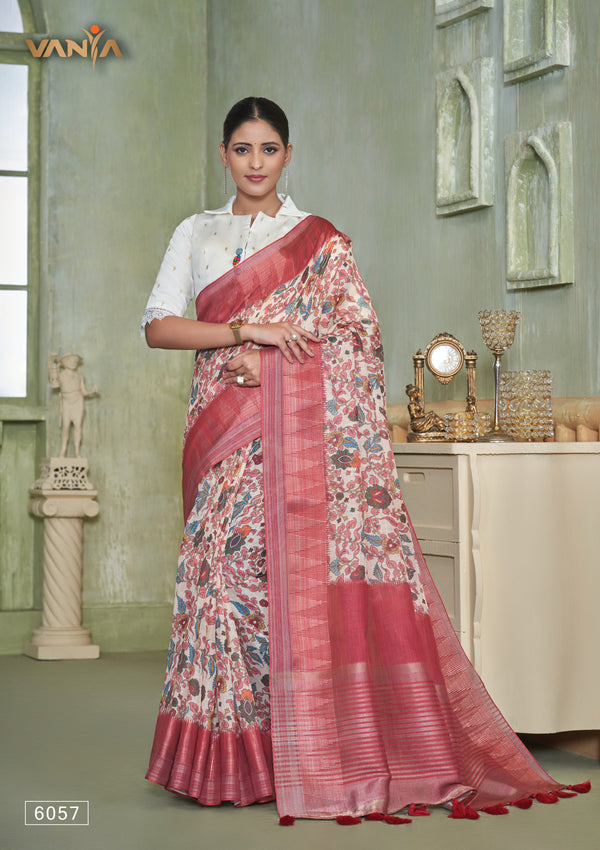 A full-length view of the model in Vanya Sarees' artistic floral print linen cotton saree with a designer collared blouse.