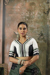 A clear front view of the Vanya Sarees readymade designer blouse, showcasing the color-blocked design and geometric appliqué work.