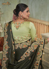 The stunning back view of the Vanya Sarees ensemble, showcasing the heavy floral embroidery on the pallu and the intricately embroidered designer blouse.