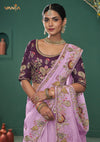 A beautiful close-up of the model in a Vanya Sarees saree, highlighting the rich, multi-color floral embroidery on the border and blouse.