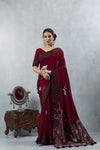 Vanya Maroon Saree in a standard front pose, showing the full length and the metallic detailing on the pallu.