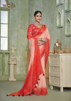 An graceful standing pose of the model showcasing the complete designer look of the Vanya Sarees red and peach ombre saree.