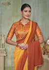 A clear close-up of the Vanya Sarees readymade designer blouse, showcasing the unique shirt collar and rich multi-color Patola-style print.