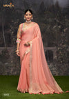 A full-length view of the model in Vanya Sarees' elegant peach Chanderi silk saree with an artistic designer blouse.