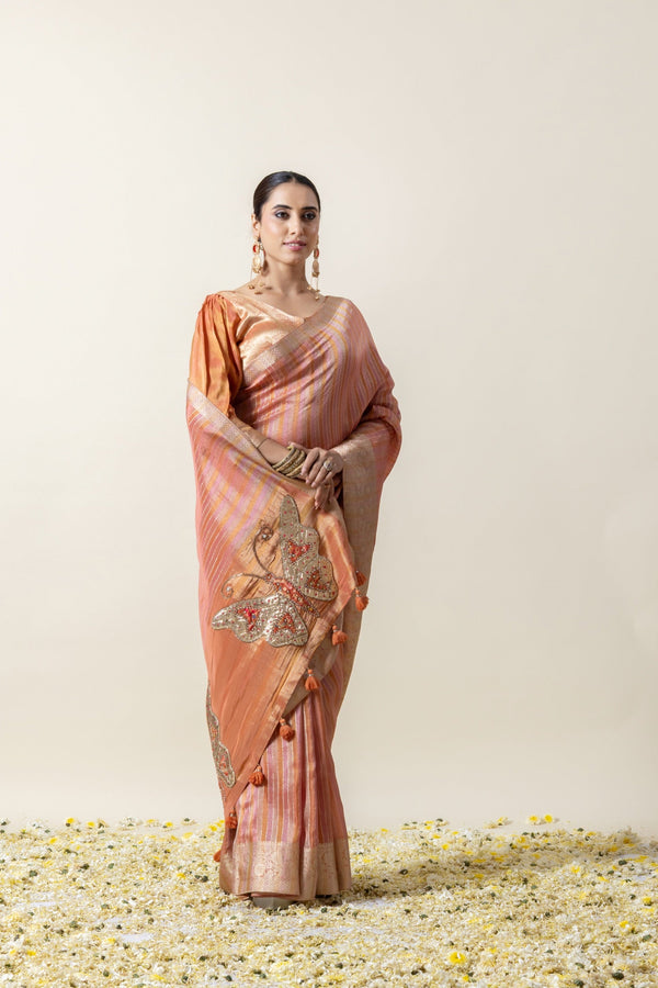 A full-length pose of the model in the Vanya Sarees peach striped saree, displaying the complete designer look with the butterfly pallu.