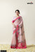 A full view of the model in Vanya Sarees' charming pink linen cotton saree with a whimsical bird and floral print.