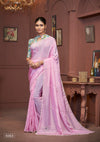 A full-length view of the model in Vanya Sarees' elegant pink Chinon silk saree with a floral print designer blouse.