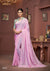A full-length view of the model in Vanya Sarees' elegant pink Chinon silk saree with a floral print designer blouse.
