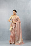 Model showcasing the complete look of the Vanya Sarees pink tissue silk saree, accessorized with a matching potli bag.