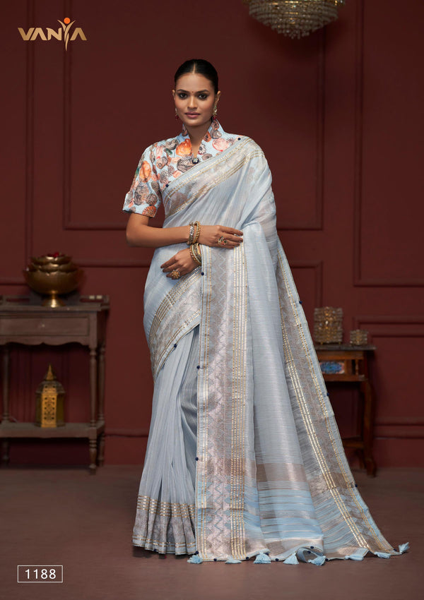 Model showcasing the complete Vanya powder blue linen silk saree, highlighting the elegant drape and the contrasting abstract print designer blouse.