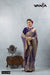 A full-length view of the model in Vanya Sarees' regal purple Banarasi silk saree with a designer embroidered collar blouse.
